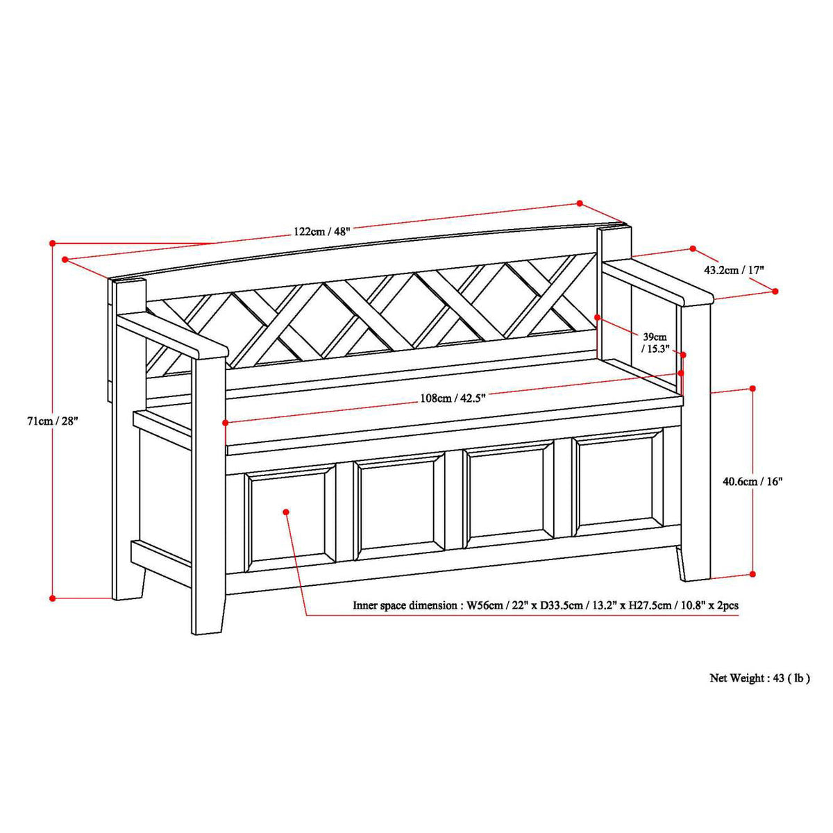 Amherst Solid Wood Entryway Storage Bench in Hickory