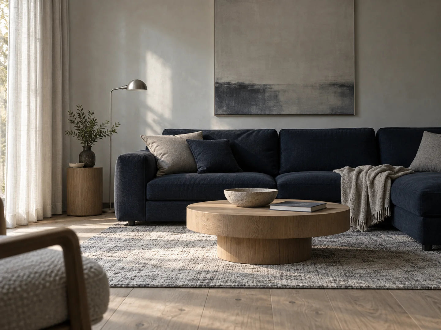 AI-generated atmosphere study of a navy and silver living room, not actual merchandise